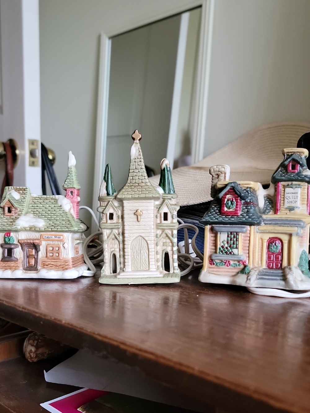 Ceramic Christmas Village Church & Cottage Set - Beige, Green, Red